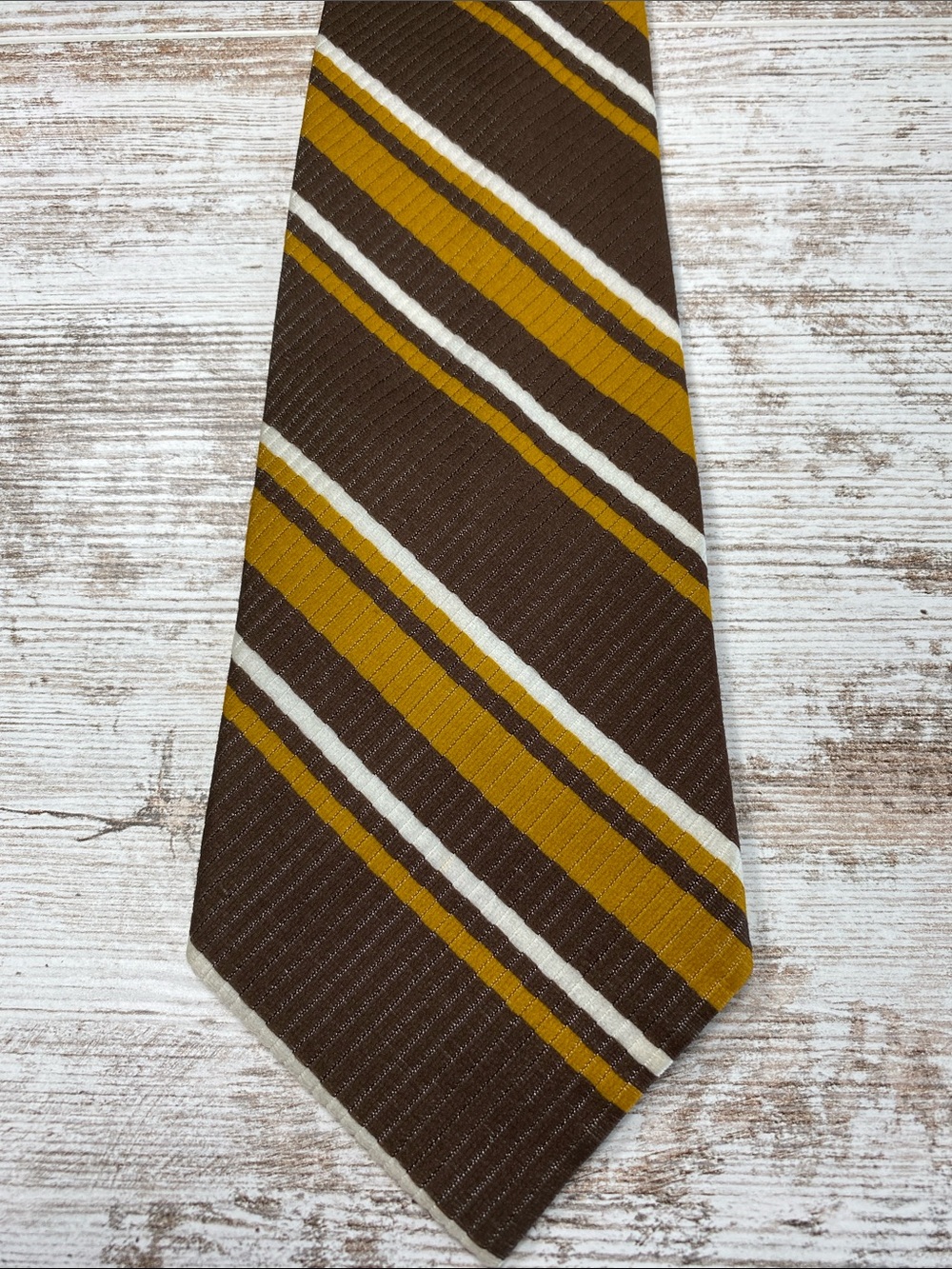 Vintage 70s Necktie Brown Gold Stripe Woven In France Mod Disco Retro 25x4
